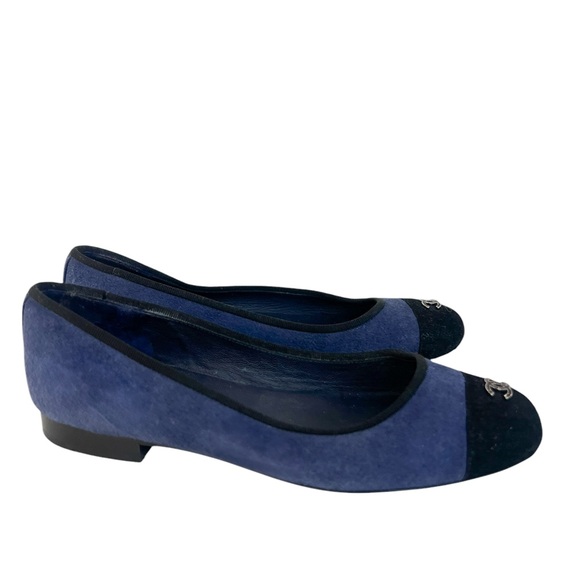 Chanel Blue/Black Suede Leather CC Cap Toe Bow Ballet Flats - Picture 5 of 8